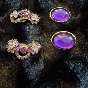 2 Purple & Pink Rhinestone Juliana? Earrings & Purple Trifari Cabochon Earrings